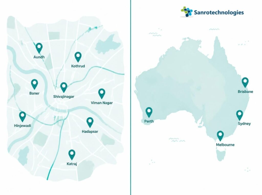 ALT Text Map of local SEO target areas in Pune and Australia
