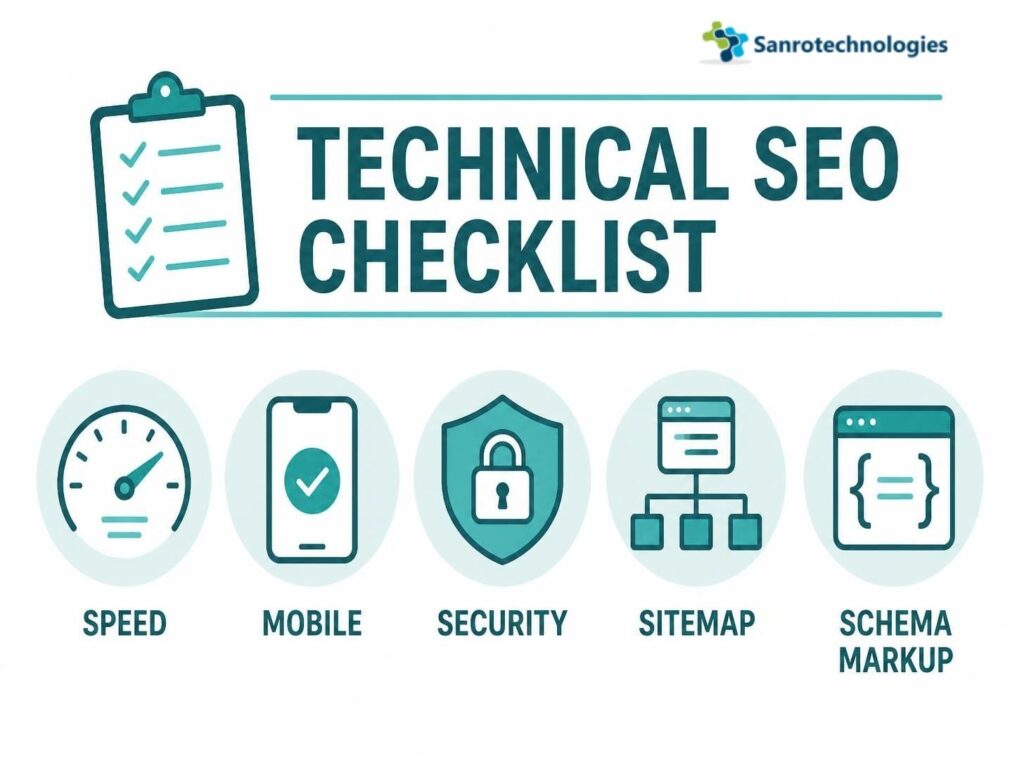 ALT Text Technical SEO checklist covering speed, mobile, security, sitemap and schema
