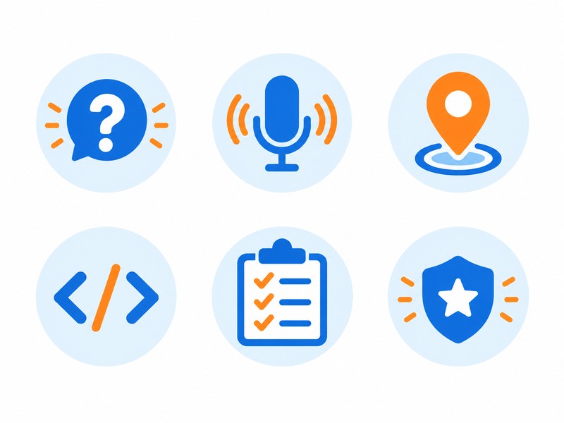 Icon set showing key answer engine optimization tactics like questions, voice, local and schema