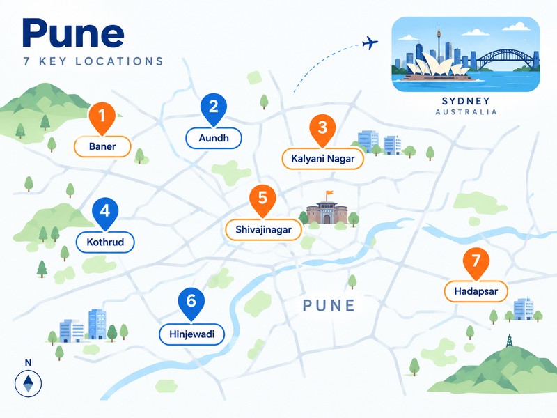 Map of Pune areas including Baner, Hinjawadi, Wakad and Kothrud served by local AEO and SEO services