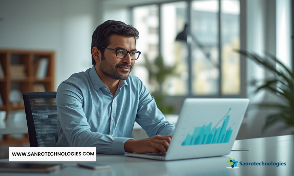 ALT Text Business owner reviewing organic traffic growth from SEO services on a laptop