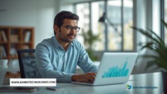ALT Text Business owner reviewing organic traffic growth from SEO services on a laptop