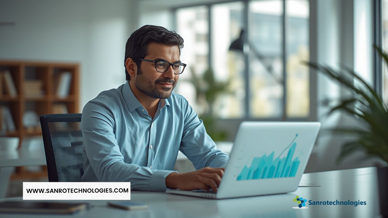 ALT Text Business owner reviewing organic traffic growth from SEO services on a laptop