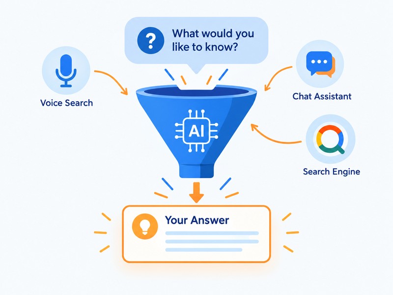Diagram showing a search question turning into one direct answer through answer engine optimization